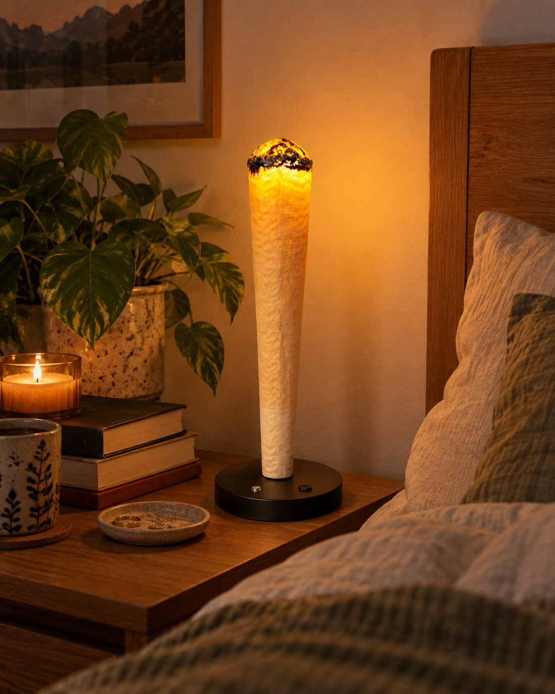 Grind Joy Labs J Lamp glowing on a wooden bedside table beside books and a leafy plant.