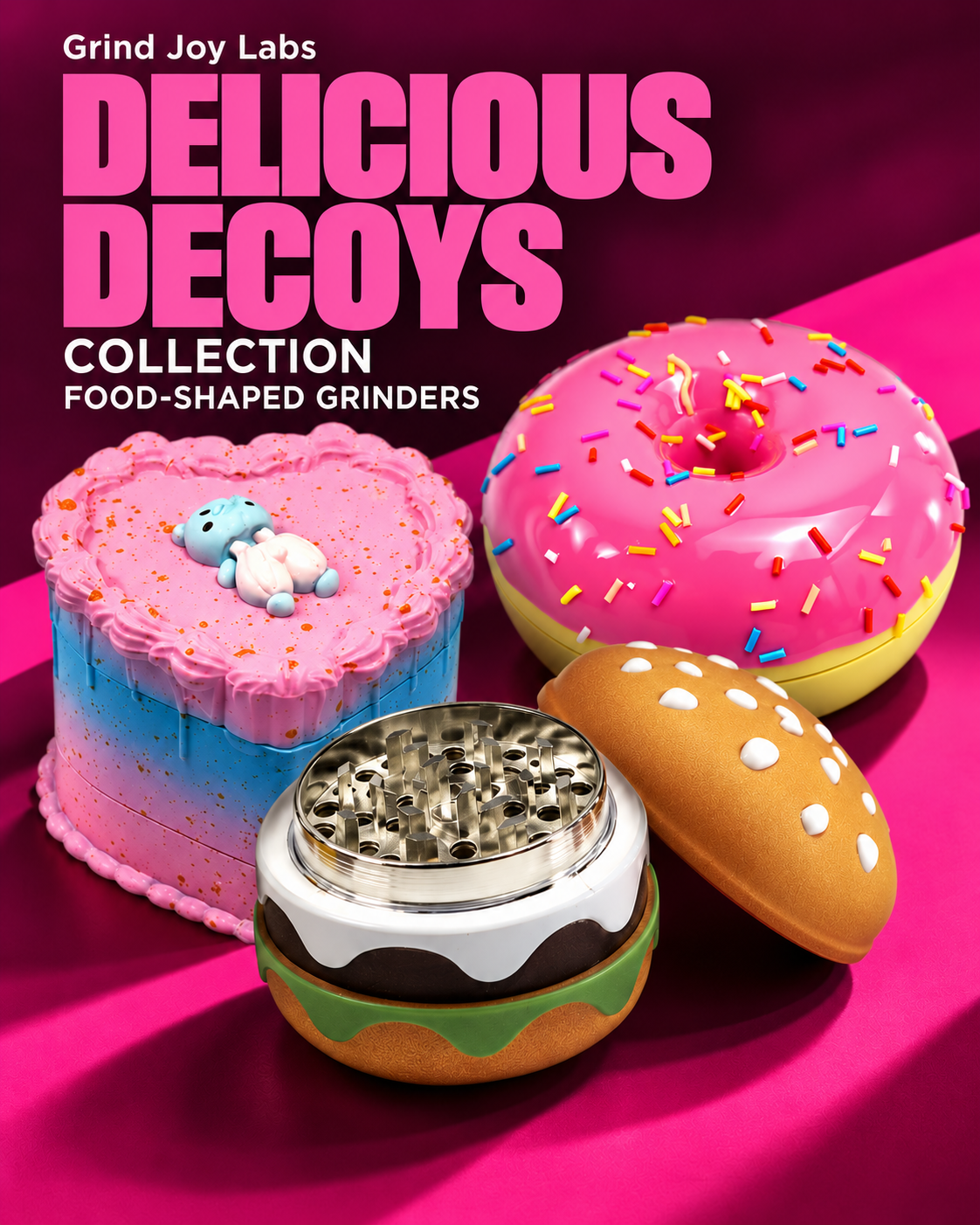 Delicious Decoys Collection: cake, donut and hamburger food-shaped grinders by Grind Joy Labs