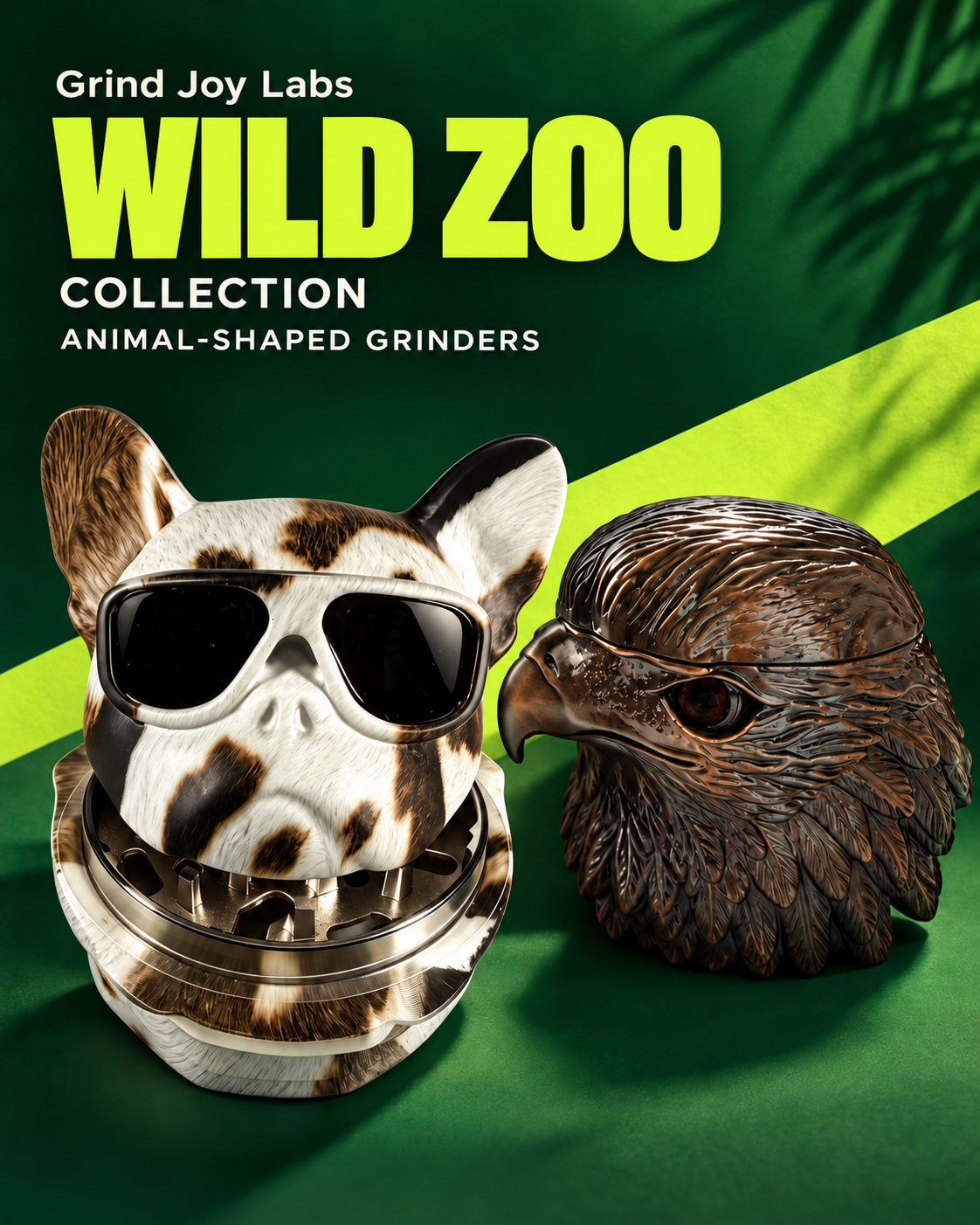 Wild Zoo Collection: bulldog and eagle animal-shaped grinders by Grind Joy Labs