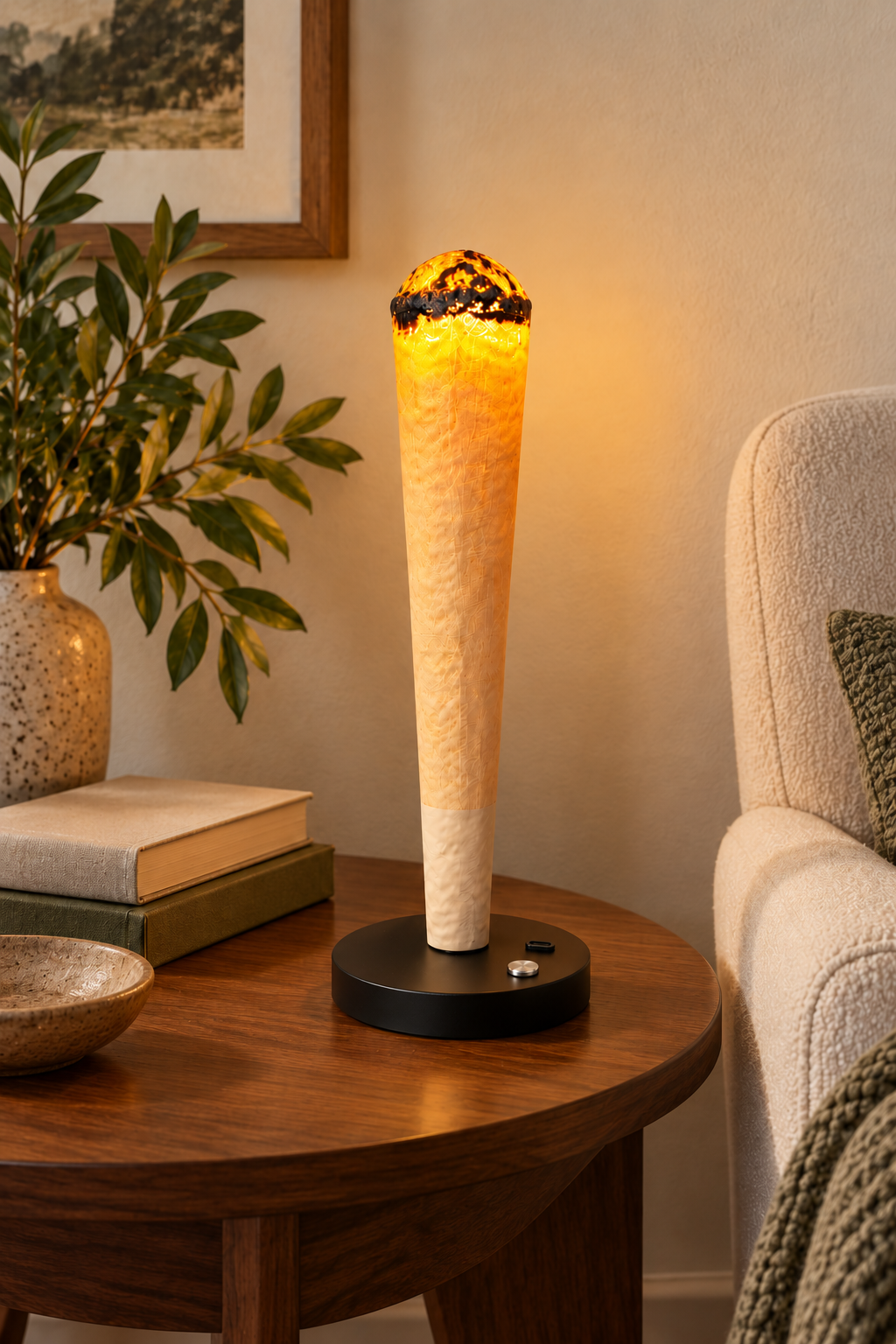 Warm J-shaped floor lamp beside a cozy reading chair.