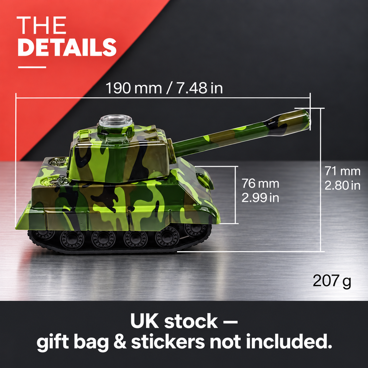 Tank grinder source dimensions. UK stock — gift bag & stickers not included.