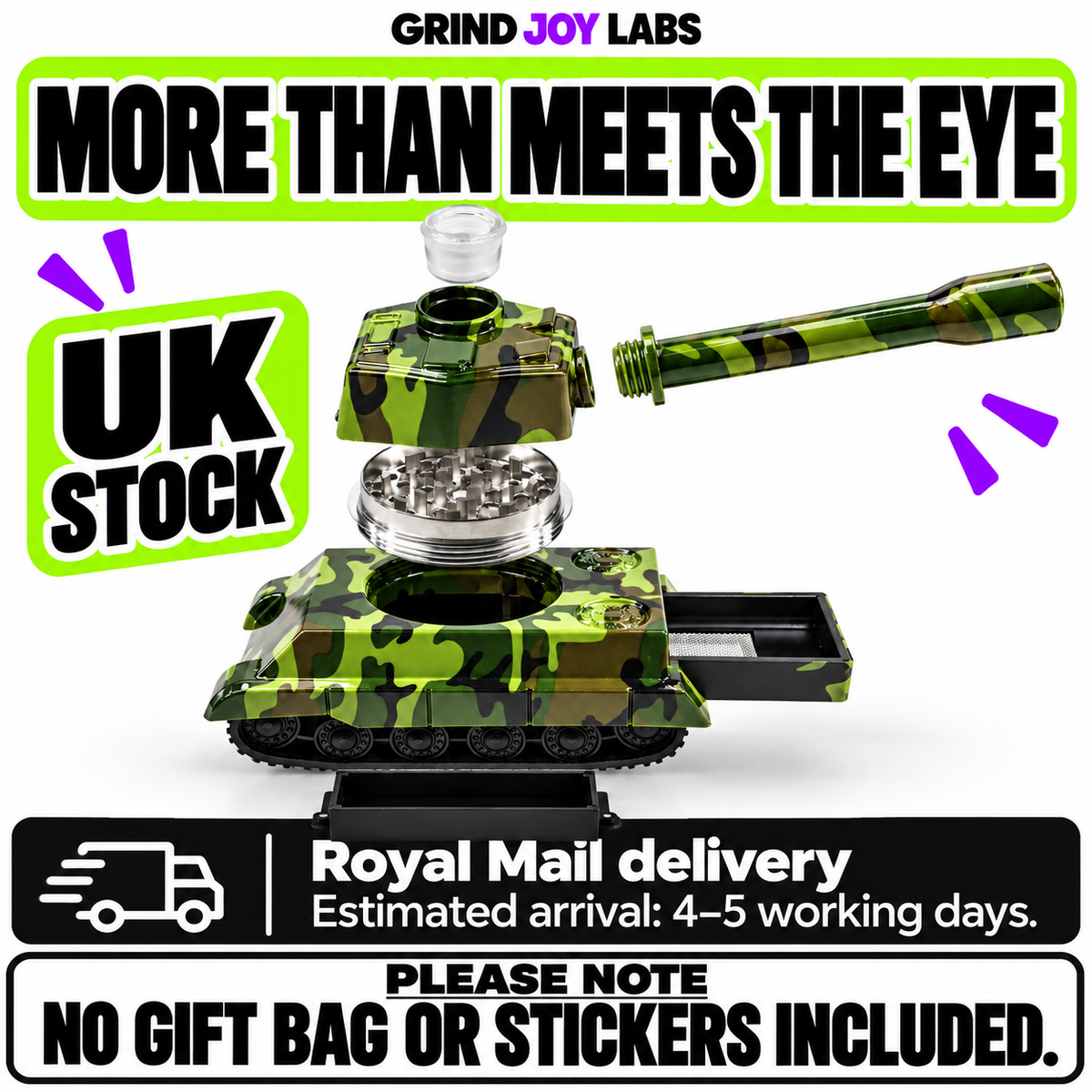 Grind Joy Labs UK Tank detachable parts and grinder structure. Royal Mail estimated delivery 4–5 working days. No gift bag or stickers included.