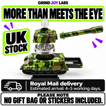 Grind Joy Labs UK Tank detachable parts and grinder structure. Royal Mail estimated delivery 4–5 working days. No gift bag or stickers included.