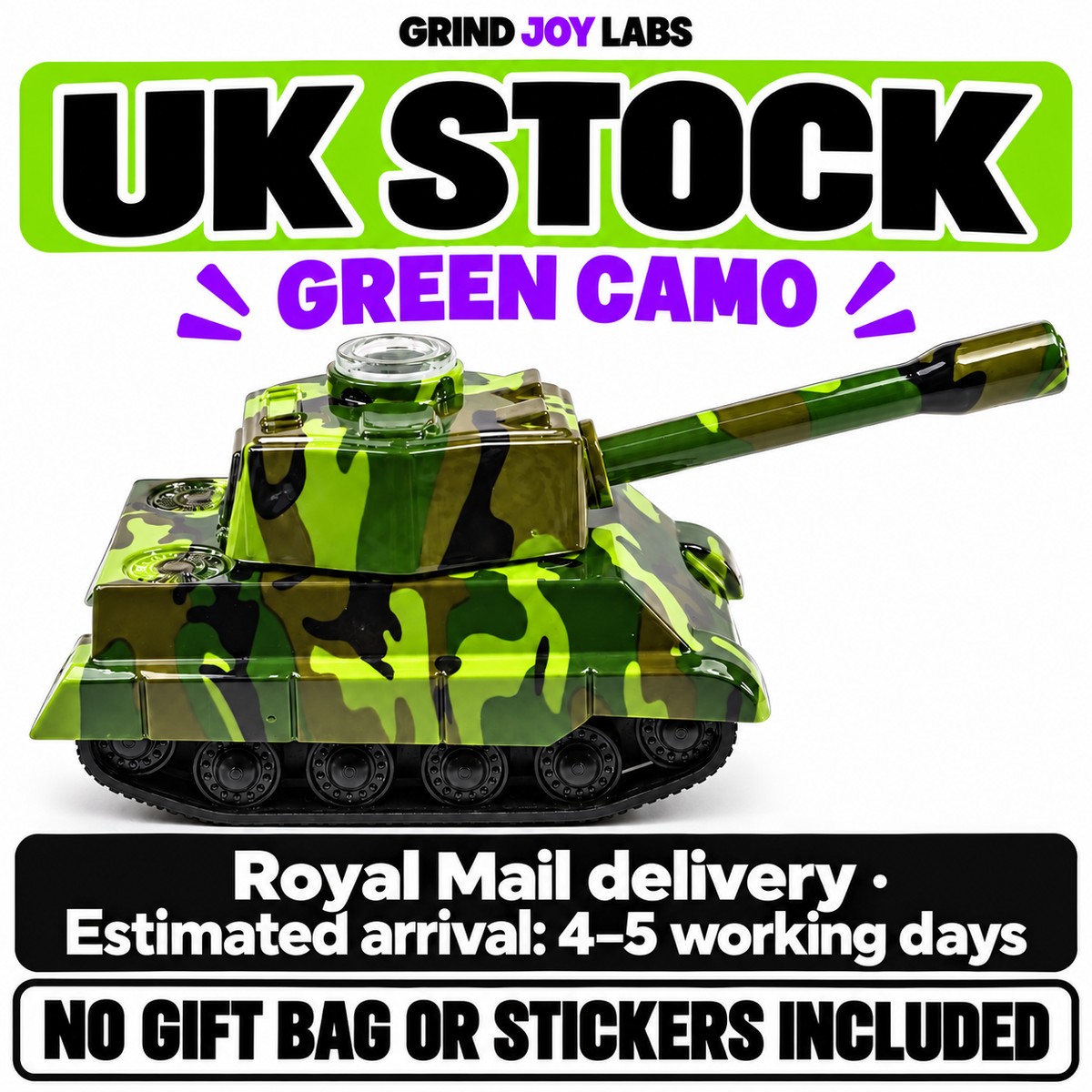 Grind Joy Labs UK Tank green camouflage. Royal Mail estimated delivery 4–5 working days. No gift bag or stickers included.