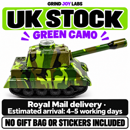 Grind Joy Labs UK Tank green camouflage. Royal Mail estimated delivery 4–5 working days. No gift bag or stickers included.