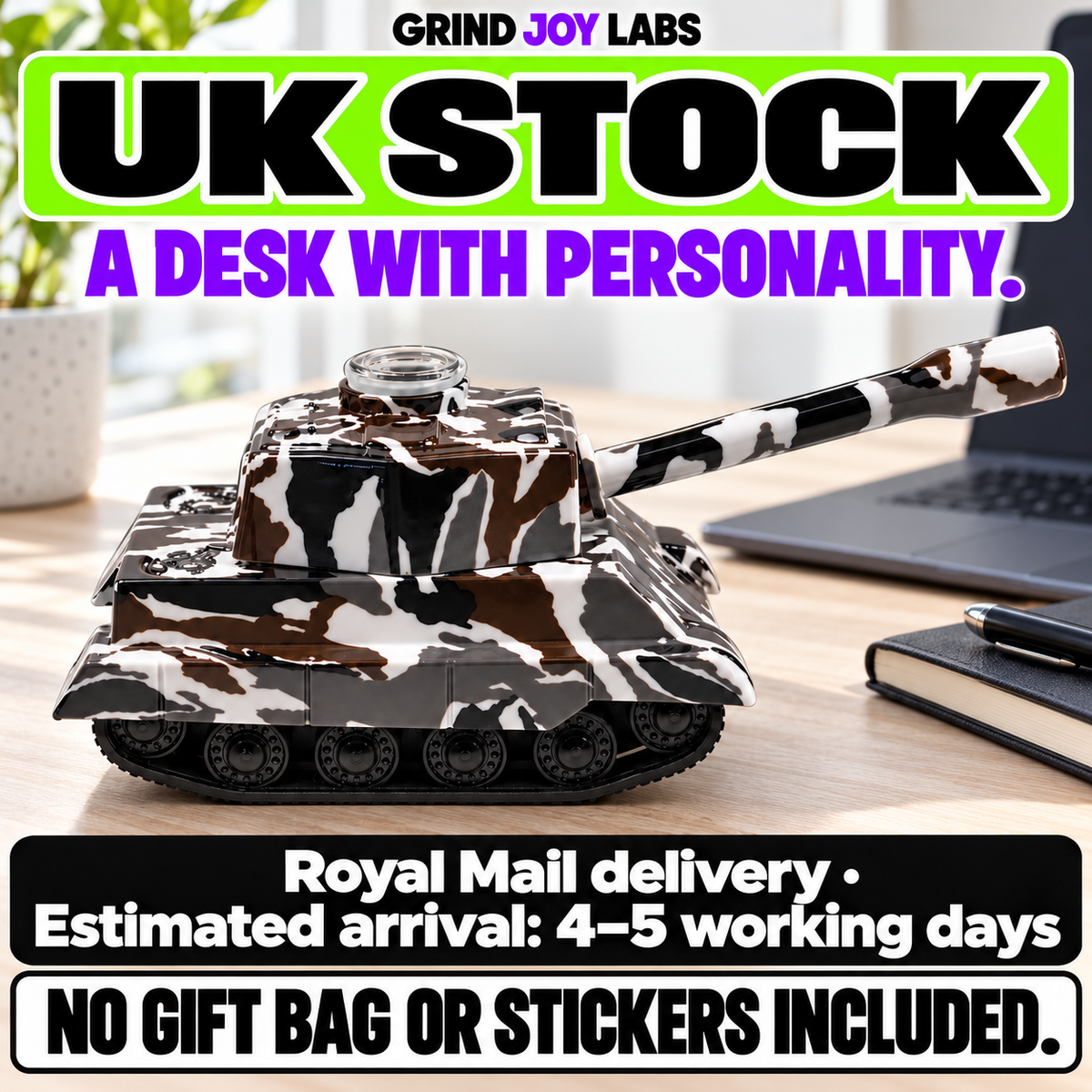 Grey camouflage Tank grinder on an adult desk. UK stock, Royal Mail estimated delivery 4–5 working days. No gift bag or stickers included.