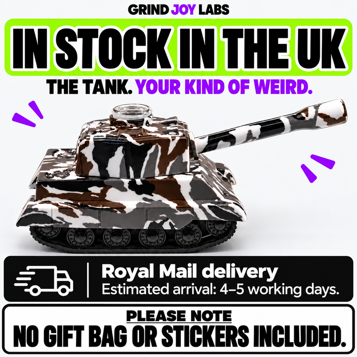 Grey camouflage Tank grinder with bowl and mouthpiece, UK stock. Royal Mail delivery, estimated 4–5 working days. No gift bag or stickers included.