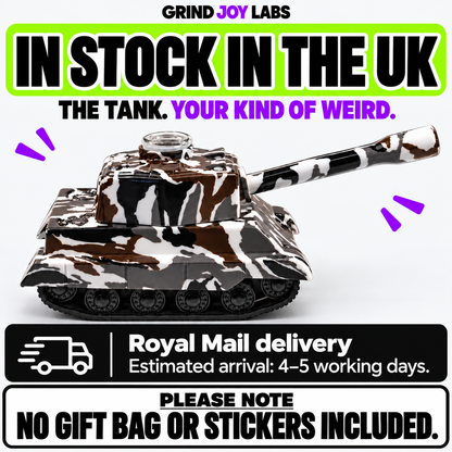 Grey camouflage Tank grinder with bowl and mouthpiece, UK stock. Royal Mail delivery, estimated 4–5 working days. No gift bag or stickers included.